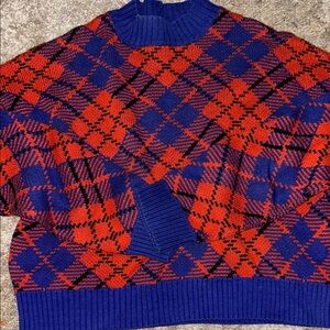 Forever 21 Blue and Red Crewneck Sweater with Bold Plaid Design
